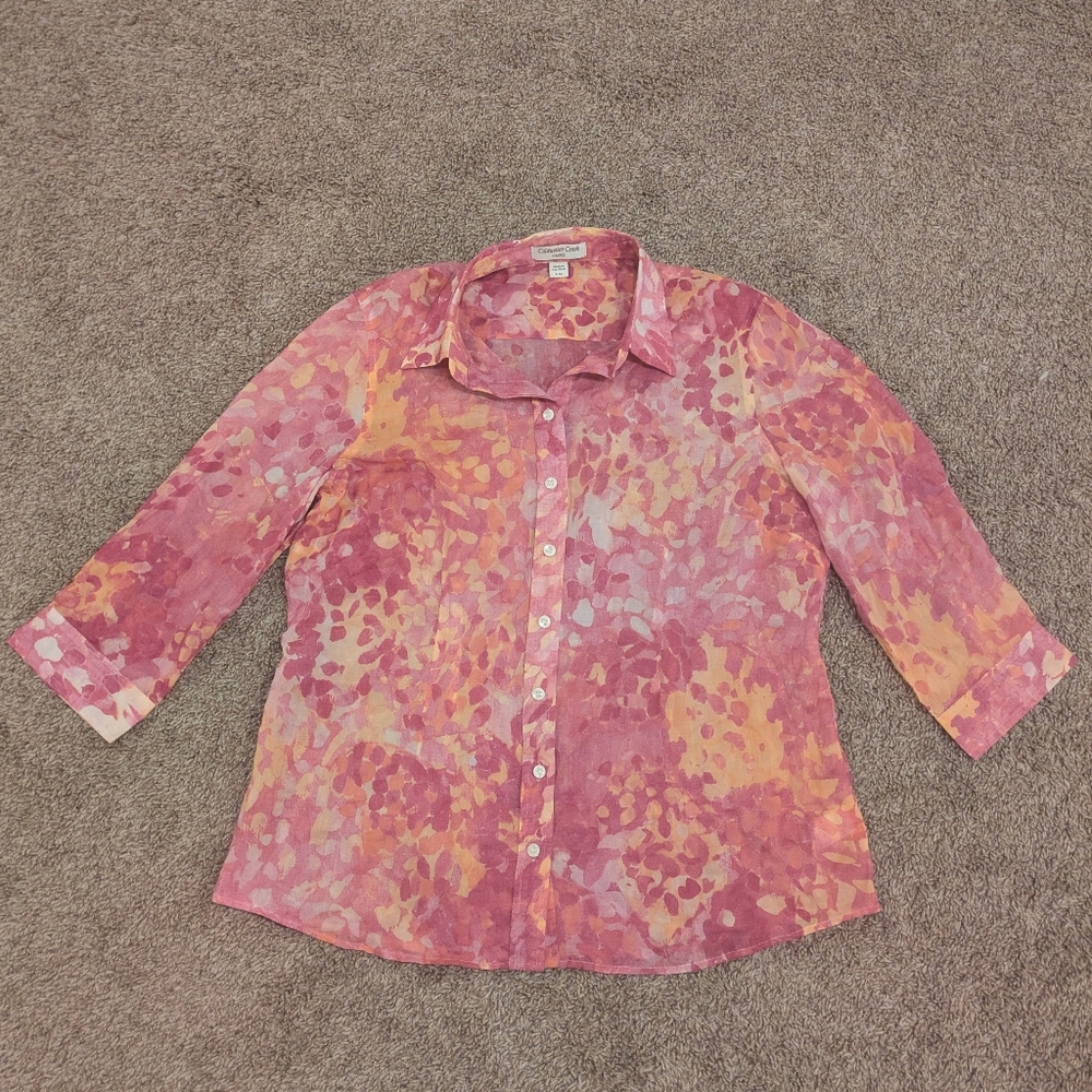 Coldwater Creek Shaped pink and yellow pattern button up blouse top